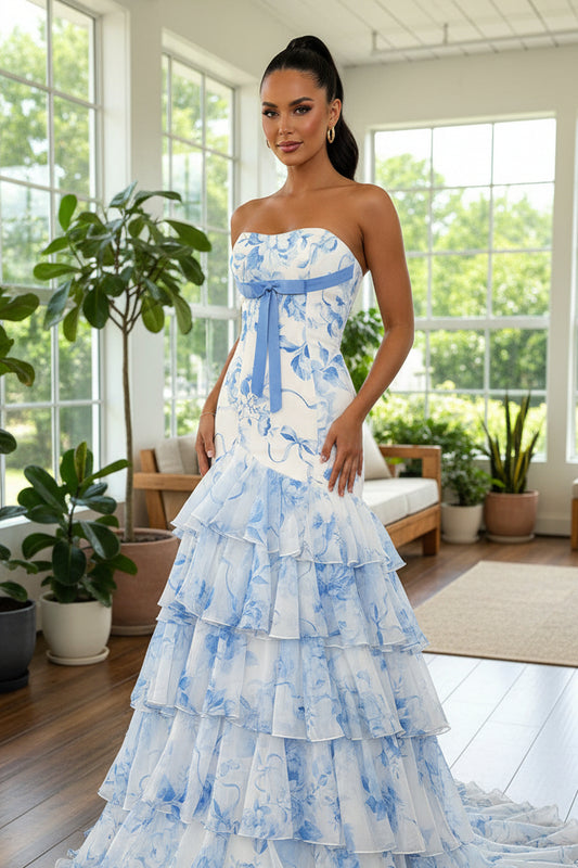 Mermaid tieres Ruffles Strapless White Blue Floral Chiffon Prom Dress