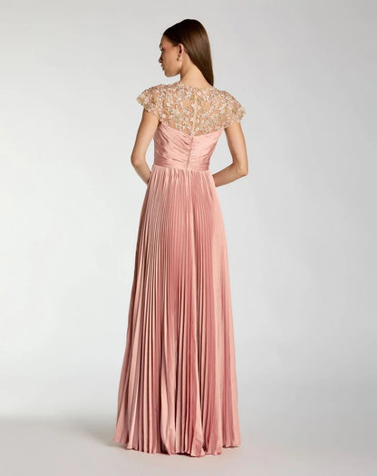 Pink Pleated Maxi Dress for Women Lace Cap Sleeve Formal Evening Gown