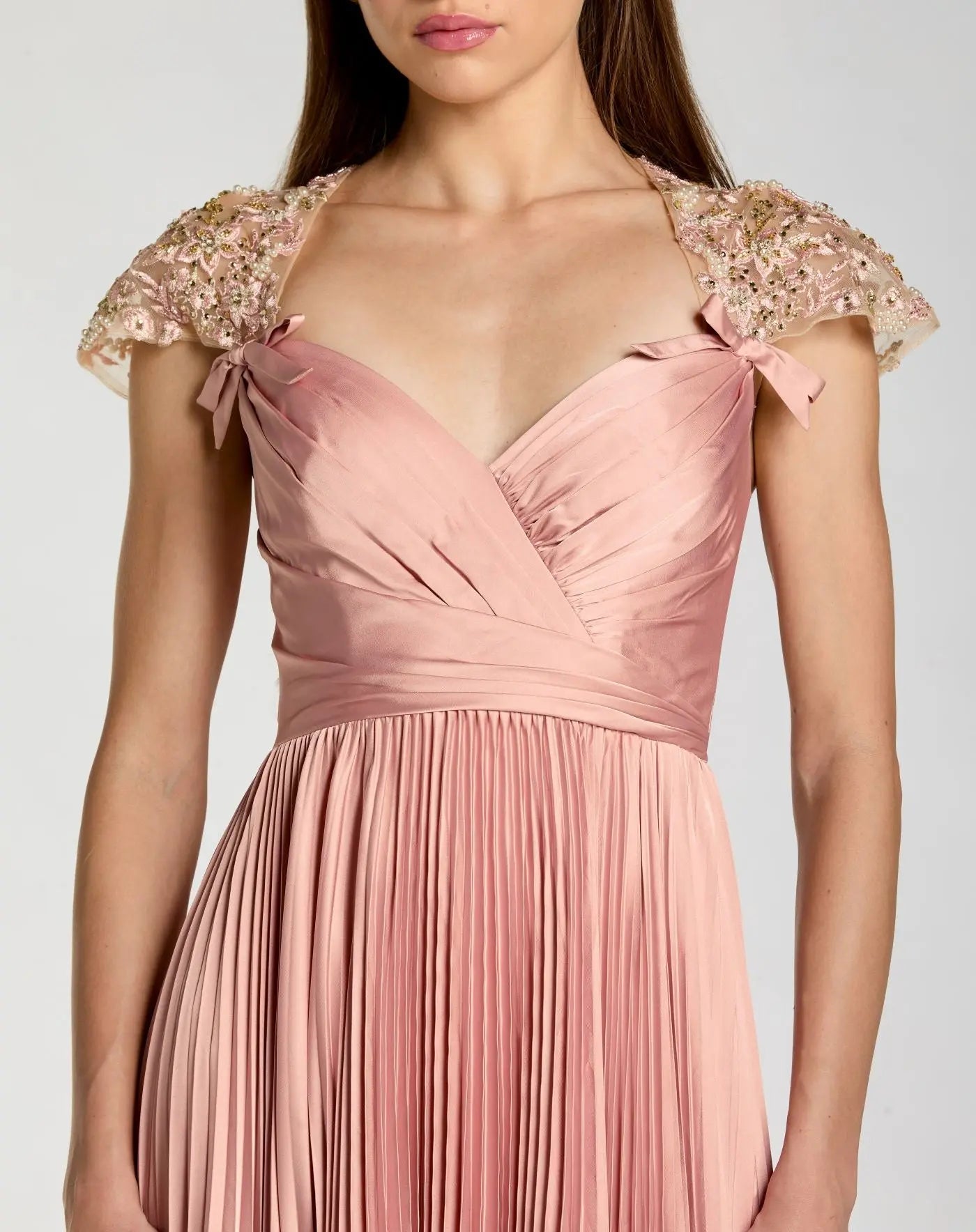 Pink Pleated Maxi Dress for Women Lace Cap Sleeve Formal Evening Gown