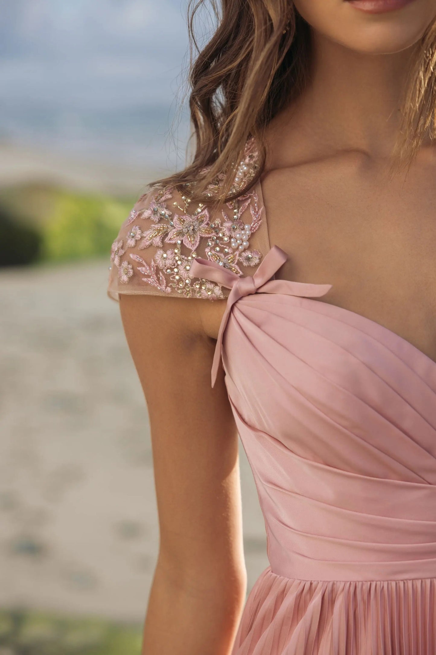 Pink Pleated Maxi Dress for Women Lace Cap Sleeve Formal Evening Gown