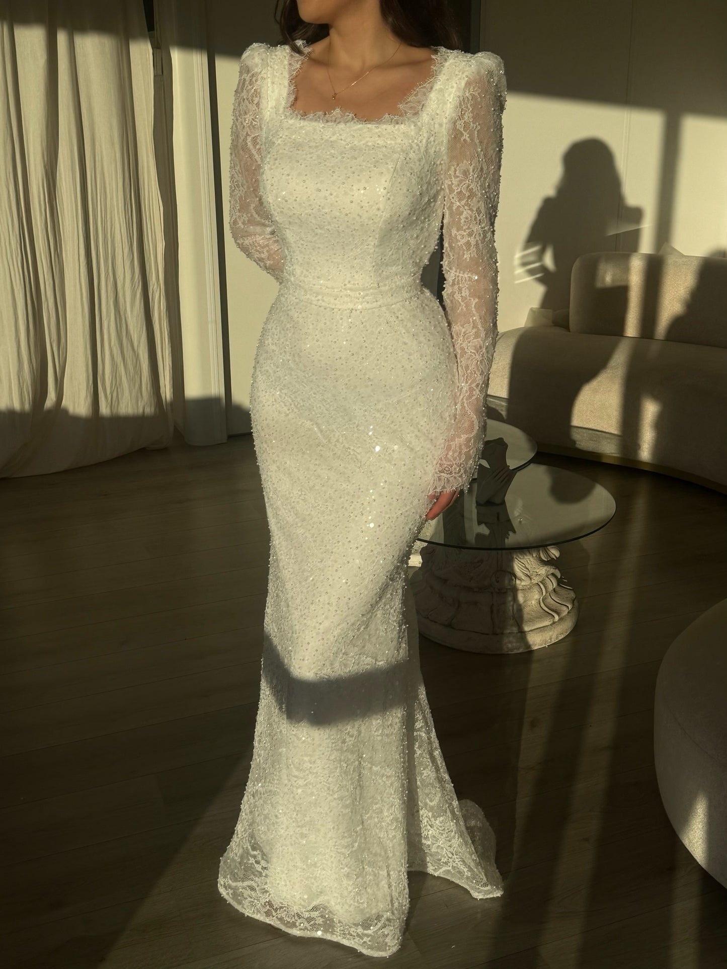 Luxury Sequin Lace Evening Gown | Long Sheer Sleeves & Mermaid Train