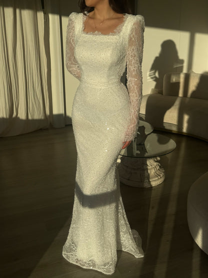 Luxury Sequin Lace Evening Gown | Long Sheer Sleeves & Mermaid Train