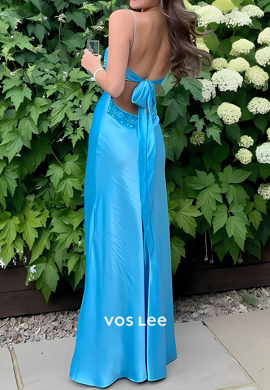 A-Line V Neck Spaghetti Straps Pleated Floor-Length Rhinestone Prom Dresses