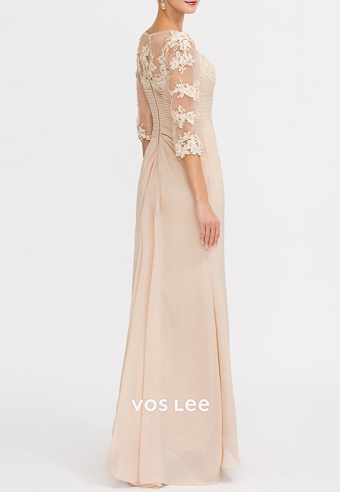 A-Line Appliques Lace 3/4 Sleeve V Neck Tulle Mother of Bride Dresses