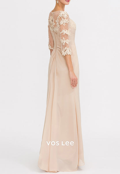 A-Line Appliques Lace 3/4 Sleeve V Neck Tulle Mother of Bride Dresses