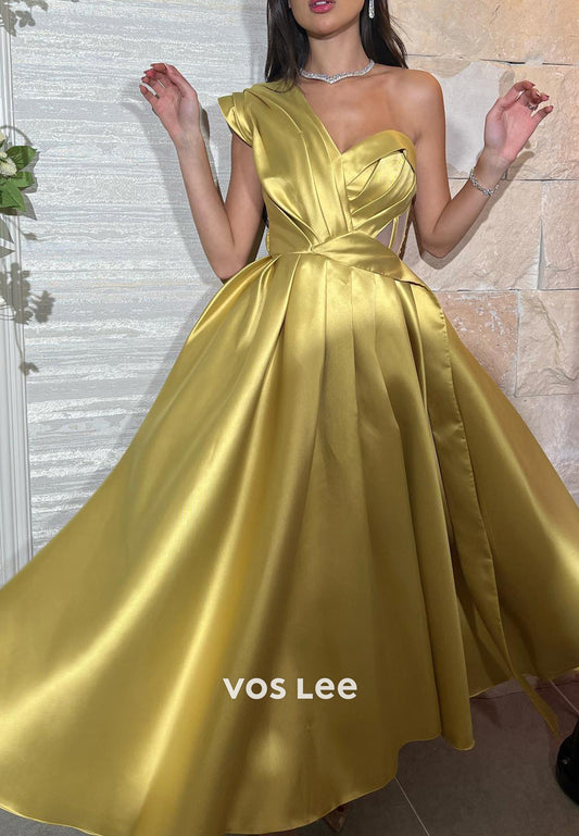 A-Line One Shoulder Pleated Ankle-Length Couture Evening Dresses