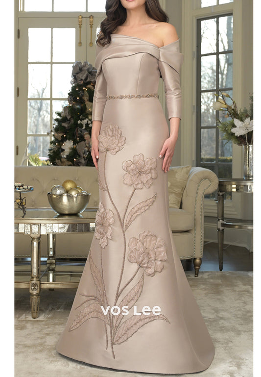 Asymmetrical Neck 3/4 Sleeve Floral Embossed Mermaid Mother of Bride Dresses
