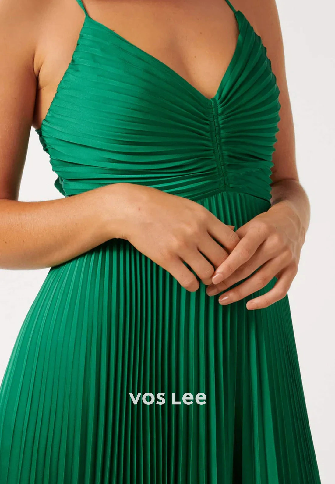 Gorgeous & Charming A-Line Spaghetti Straps V Neck Bowknot Pleated Prom Dresses