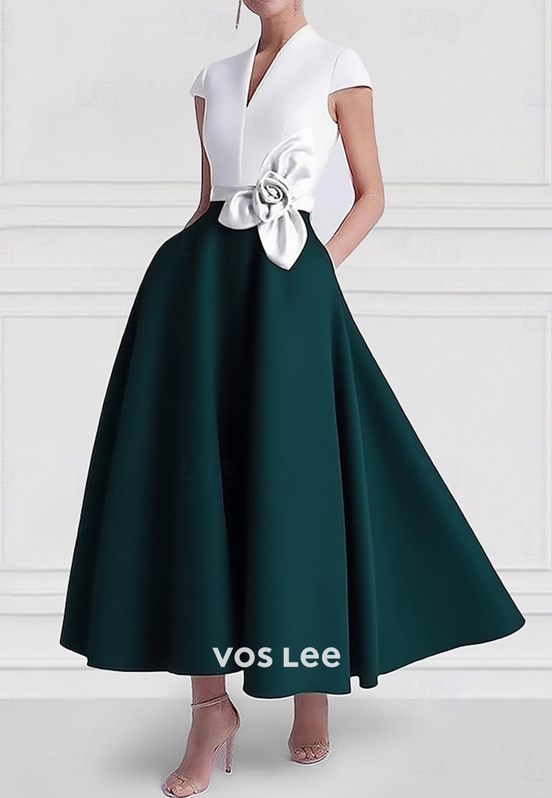 A-Line V Neck Short Sleeve Floral Embossed Ankle-Length Evening Dresses