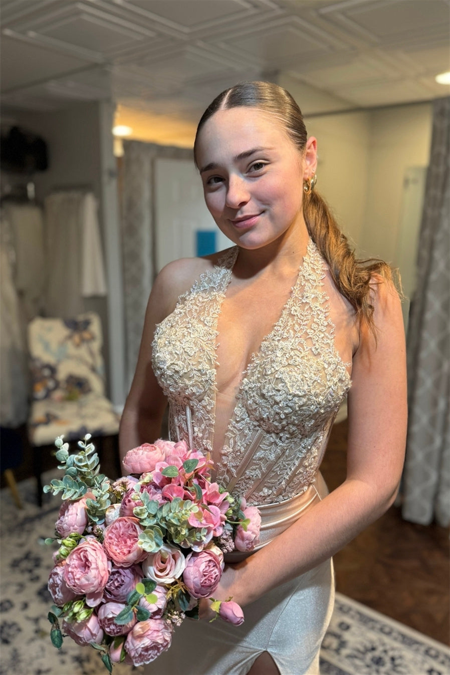 Champage Halter Applique Prom Dress with Slit