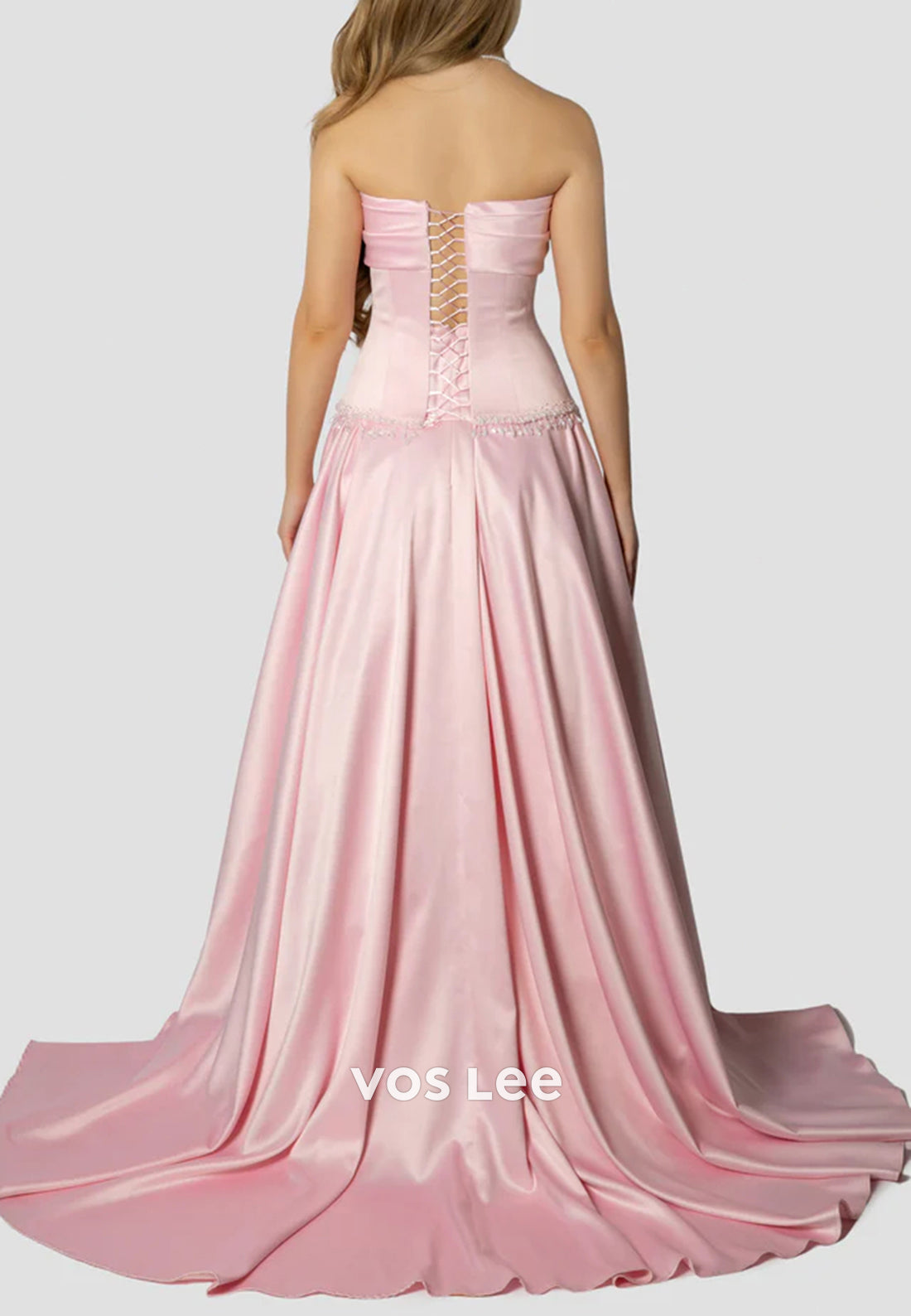 A-Line Pink Strapless Pleated Satin Beading Prom Dresses with Court Train