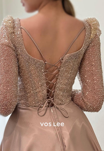 Chic & Modern High Low Long Sleeve Square Sequined Evening Dresses with Court Train