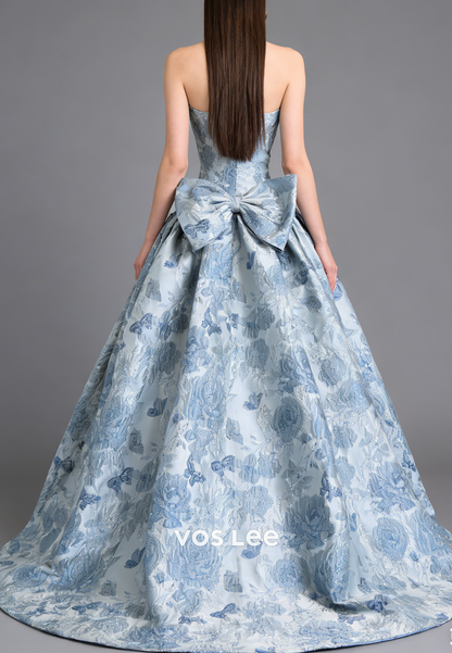 New A Line Strapless Jacquard Long Prom Dresses With Bow