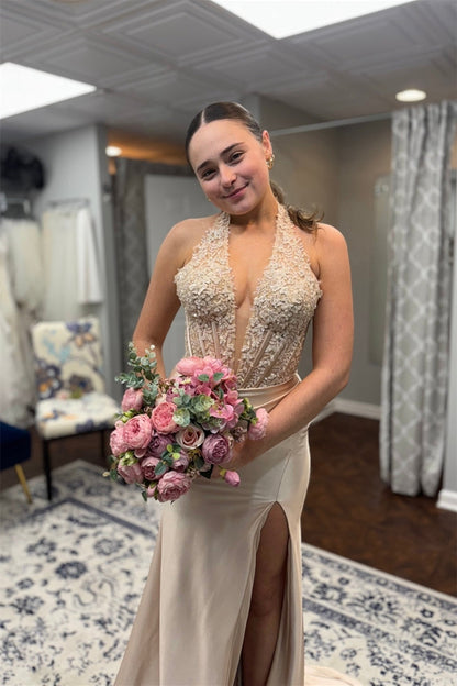 Champage Halter Applique Prom Dress with Slit