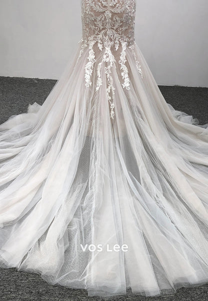 Spaghetti Straps V Neck Appliques Lace Pleated Trumpet Wedding Dresses with Court Train