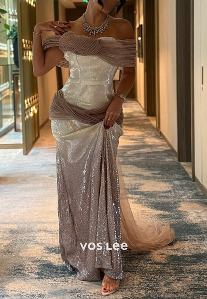 Off the Shoulder Fully Sequined Ruched Mermaid Evening Dresses