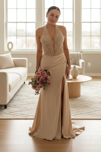 Champage Halter Applique Prom Dress with Slit