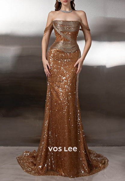 Fully Sequined Off the Shoulder Beaded Fringe Mermaid Prom Dresses
