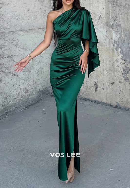 Classic One Shoulder Pleated Mermaid Evening Dresses with High Split