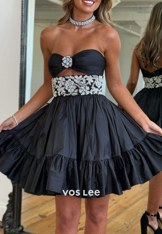 A-Line Sweetheart Strapless Rhinestone Ruched Homecoming Dresses