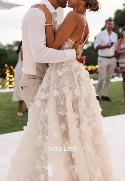 A-Line Spaghetti Straps Appliques Lace Beach Pleated Wedding Dresses with Court Train
