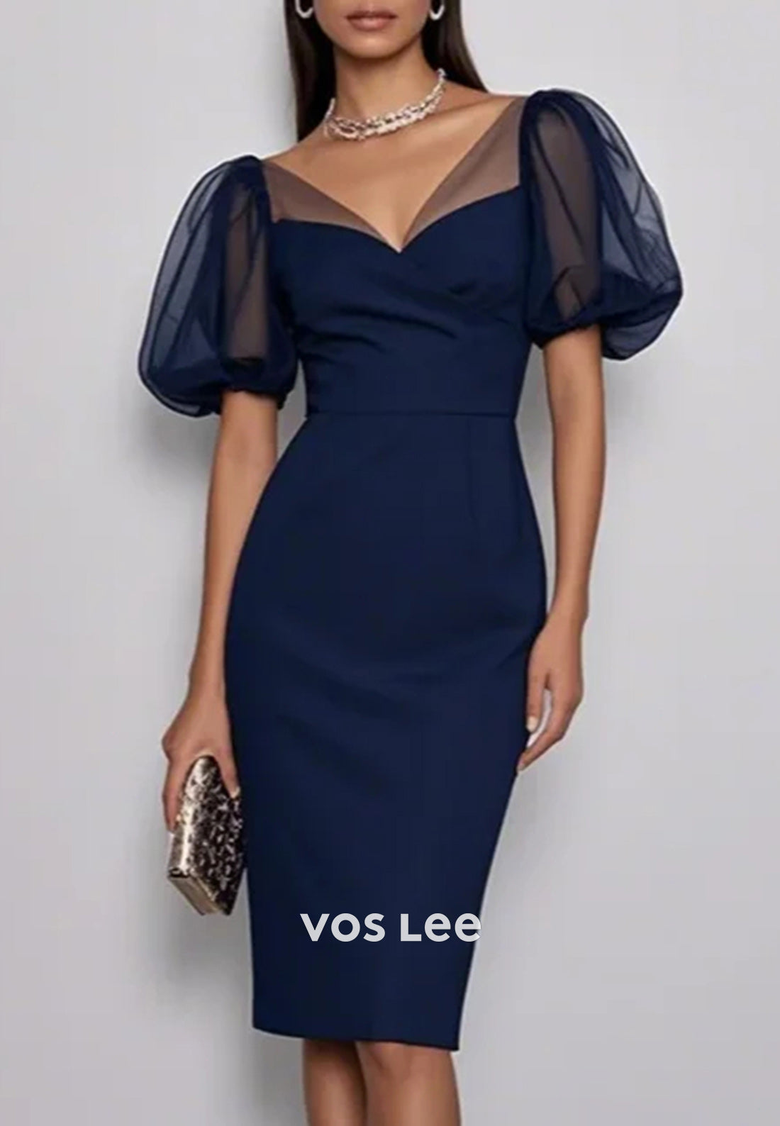 Couture & Ornate Dark Navy Short Sleeve V Neck Sheath Ruched Wedding Guest Dresses