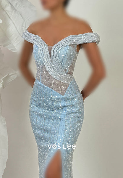 Off the Shoulder Fully Beading Sequins Pleated Sheath Evening Dresses with Side Split