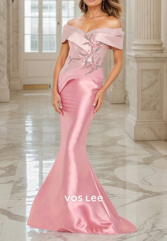 Off the Shoulder Appliqued Sequins Mermaid Mother of Bride Dresses with Sweep Train