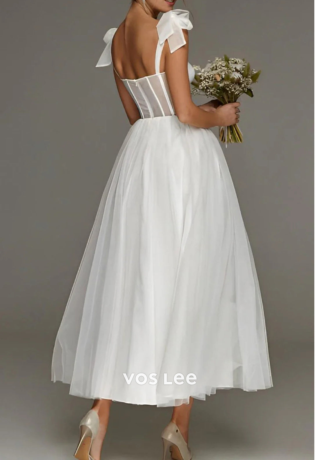 A-Line Spaghetti Straps Bowknot Sweetheart Pleated Simple Tea-Length Wedding Dresses