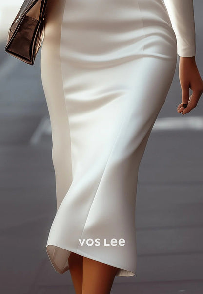 Classic Long Sleeve V Neck Tea-Length Pleated Mermaid Wedding Guest Dresses