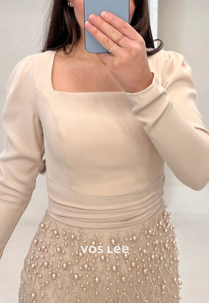 Long Sleeve Square Beaded Embellished Ankle-Length Mermaid Evening Dresses
