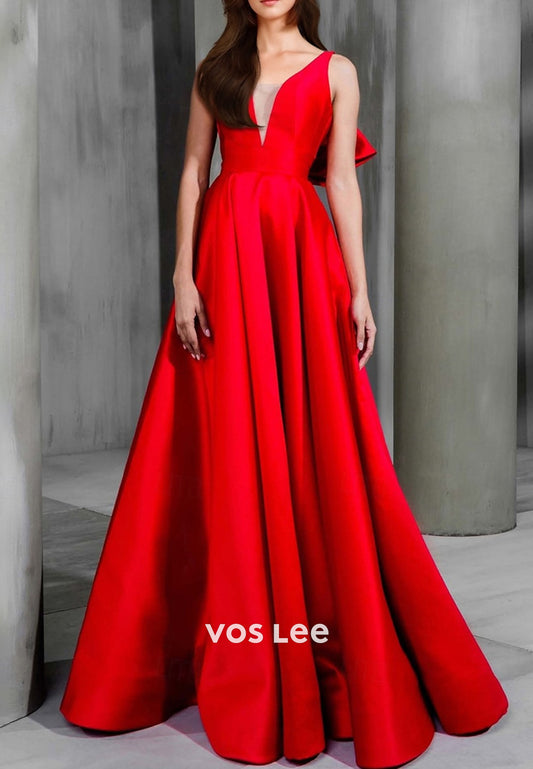 A-Line Spaghetti Straps V Neck Bowknot Pleated Evening Dresses with Court Train