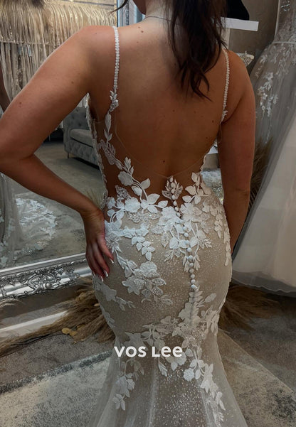 Spaghetti Straps V Neck Appliques Lace Pleated Wedding Dresses with Sweep Train