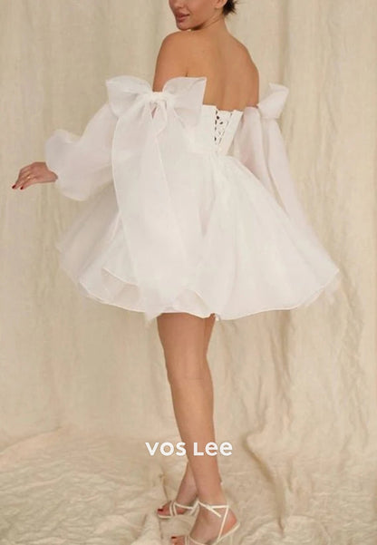 Mini & Short A-Line Long Sleeve Strapless Pleated Bowknot Beach Wedding Dresses