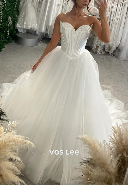 A-Line Strapless Sweetheart Rhinestone Embellished Wedding Dresses with Court Train