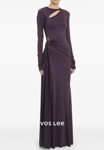 Couture & Ornate  Long Sleeve Scoop Pleated Floor-Length Mermaid Evening Dresses