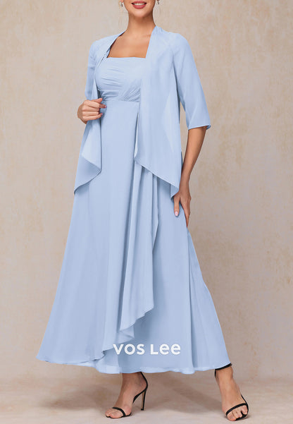 Glamorous A-Line Two-Piece Half Sleeve Ankle-Length Pleated Mother of Bride Dresses
