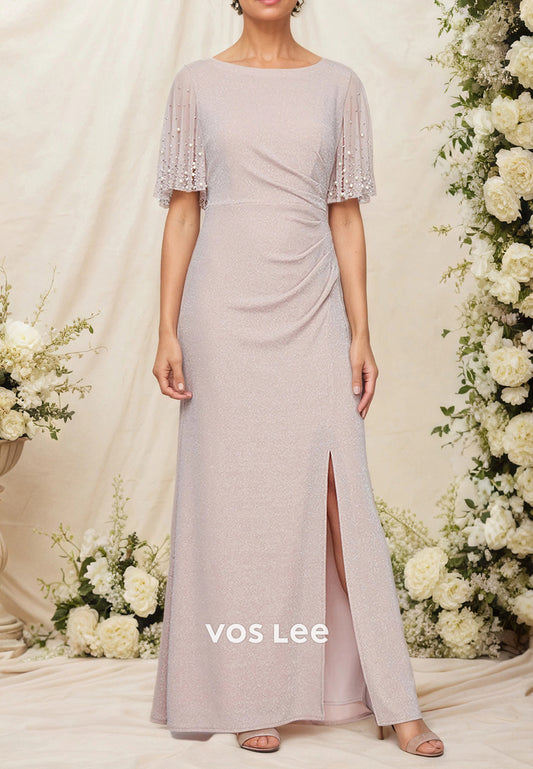 A-Line Flutter Sleeves Scoop Rhinestone Ruched Mother of Bride Dresses with Side Split