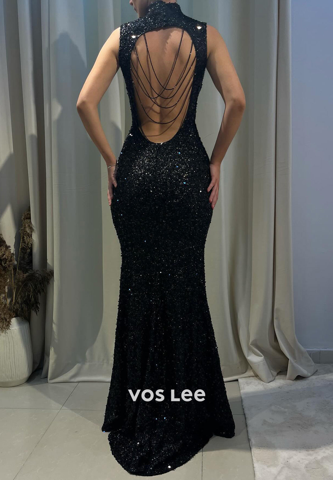 Classic & Timeless High Neck Fully Sequined Beaded Pleated Sheath Evening Dresses