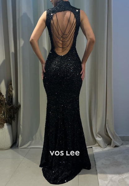 Classic & Timeless High Neck Fully Sequined Beaded Pleated Sheath Evening Dresses