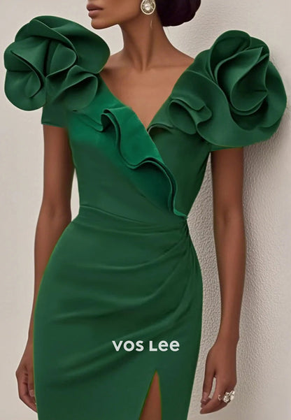Short Sleeve V Neck Knee-Length Pleated Sheath Wedding Guest Dresses with Side Split