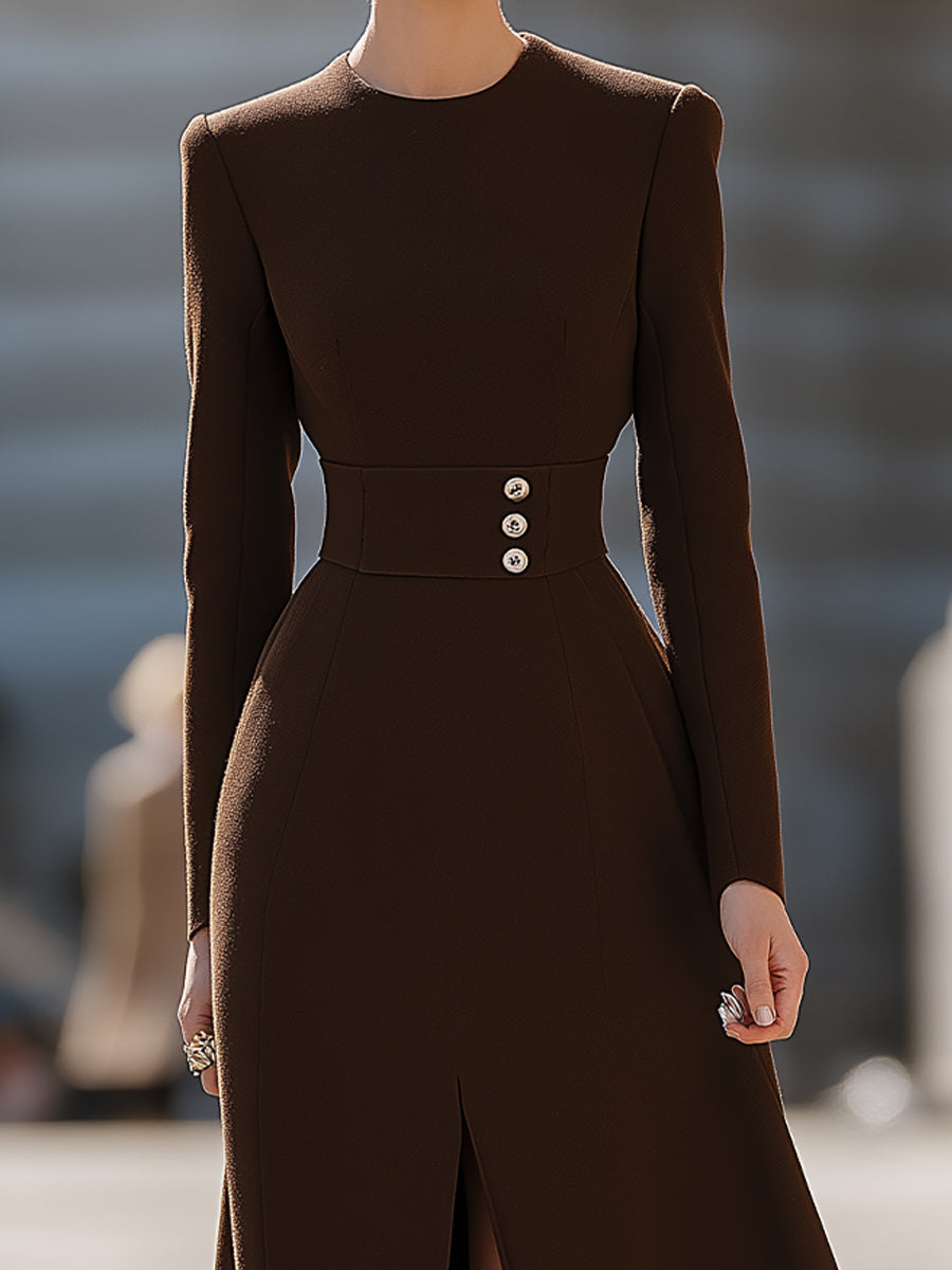 Button-Waist Long Sleeve Midi Dress In Espresso Brown