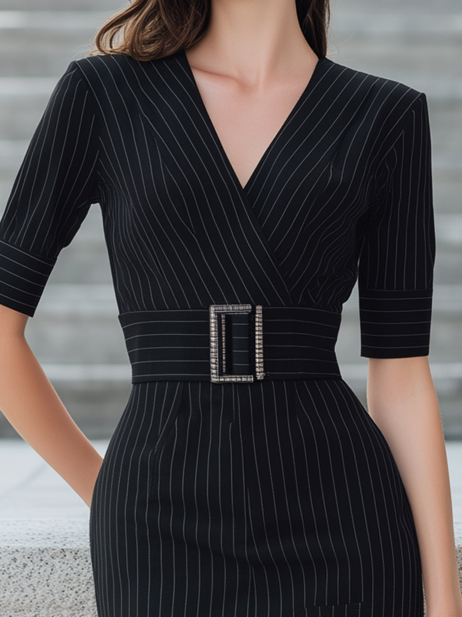 Pinstripe Belted V-Neck Pencil Dress