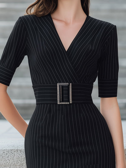 Pinstripe Belted V-Neck Pencil Dress