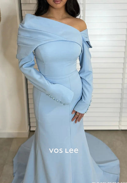 Long Sleevees One Shoulder Pleated Mermaid Evening Dresses with Court Train