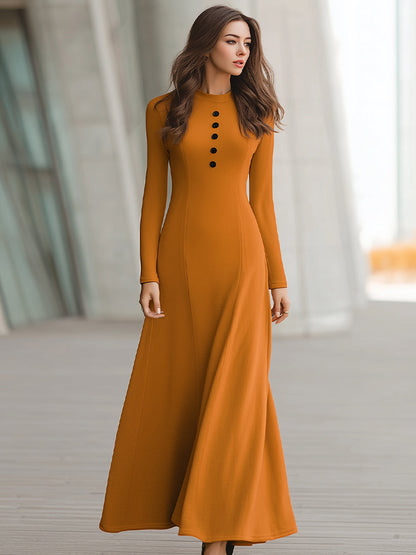 Elegant Orange Long Sleeve A-Line Maxi Dress With Button Detail