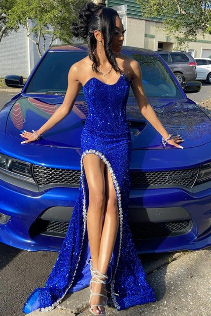 Royal Blue Sequins Sweetheart Side Slit Prom Dress with Appliques