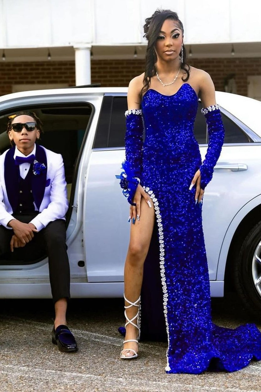 Royal Blue Sequins Sweetheart Side Slit Prom Dress with Appliques