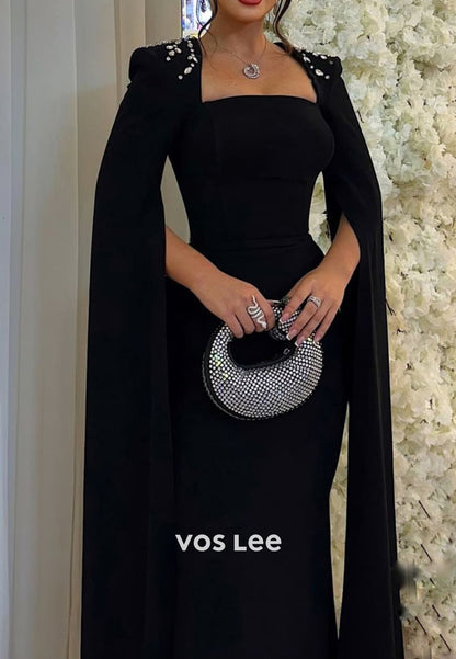 Couture & Ornate Long Sleeve Square Rhinestone Mermaid Floor-Length Evening Dresses