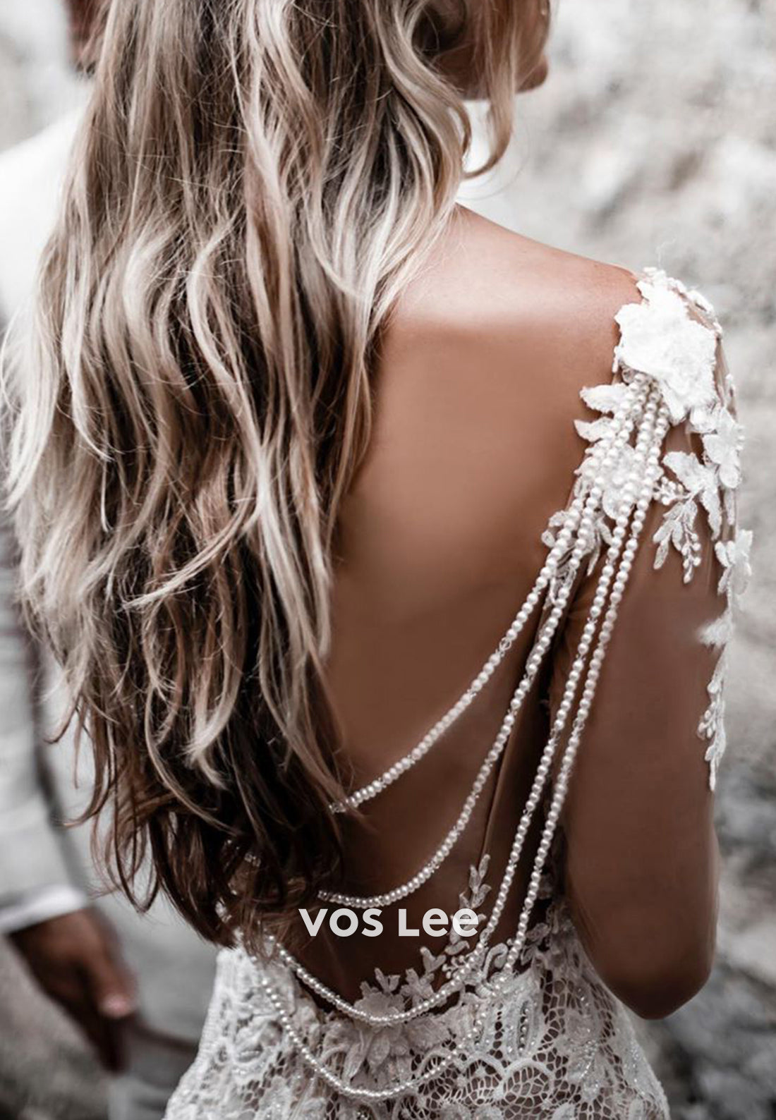 Backless Pearls Appliques Lace V Neck Mermaid Wedding Dresses with Swe VOS LEE Backless Pearls Appliques Lace V Neck Mermaid Wedding Dresses with Swe VOS LEE